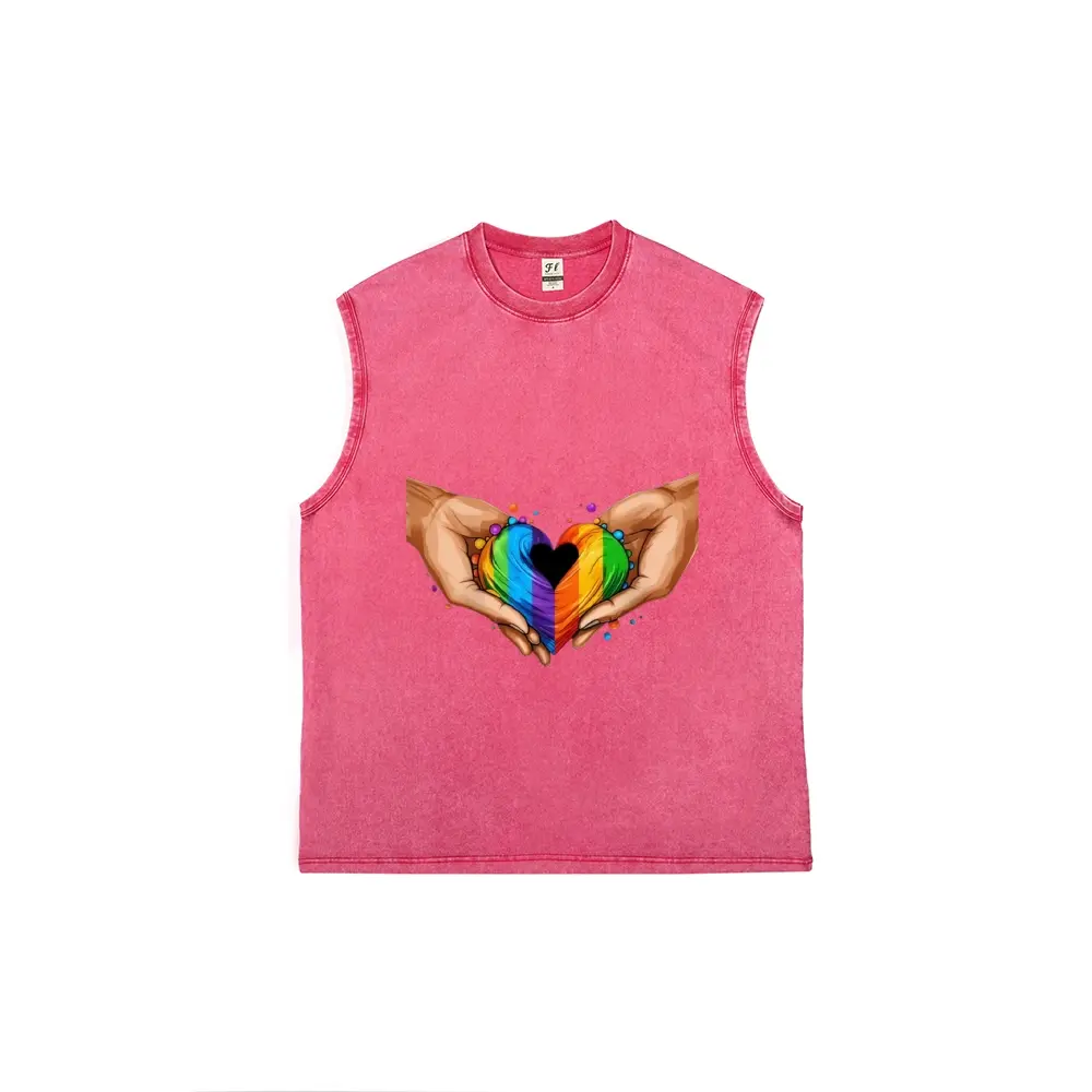 Pride Rainbow Heart Hands Sleeveless Tank Top | Pink Vintage Washed LGBTQ+ Graphic Muscle Shirt | Soft Cotton Inclusive Pride Tee | Casual Streetwear | Perfect Gift for Pride Month & Allies