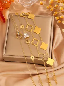 4pcs exquisite stainless steel fashion jewelry set, Elegant jewelry set, geometric hollow design necklace bracelet set, versatile luxury accessories for daily commuting, girlfriend Valentine's Day party gifts