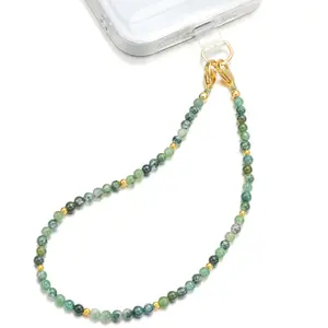TRBR Moss Agate Beads Phone Charm Wrist Strap, Beaded Natural Stones Lanyard Wristlet Chain, Elegant & Hands-Free Bracelet Strap for iPhone & More Cell Phone Cases