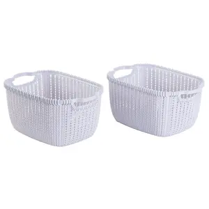 212 MAIN Medium Grey Rectangular Plastic Wicker Organiser Basket Holder 2-Piece Set, 6.25x12.5x8.25in with Side Handles, for Vanity Room Decor & Cycling Sports Storage