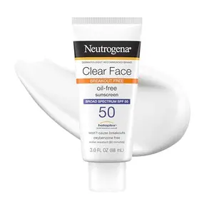 Neutrogena Clear Face Sunscreen Lotion SPF 50 for Acne-Prone Skin Broad Spectrum UVA UVB Protection Oil-Free No-Fragrance No-Oxybenzone Water-Resistant Daily Face Moisturizer, 3 fl oz