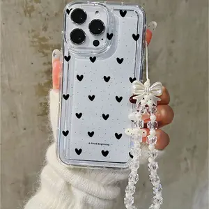 Black Heart Transparent Phone Case with Bow Charm, Shockproof & Wear-Resistant Protective Cover with Crystal Bead Strap Fits iPhone 11–17 Pro Max Compatible with iPhone 11/12/13/14/15, 16 Pro Max/16 Pro/16 Plus Pink Heart Pattern A Good Beginning D