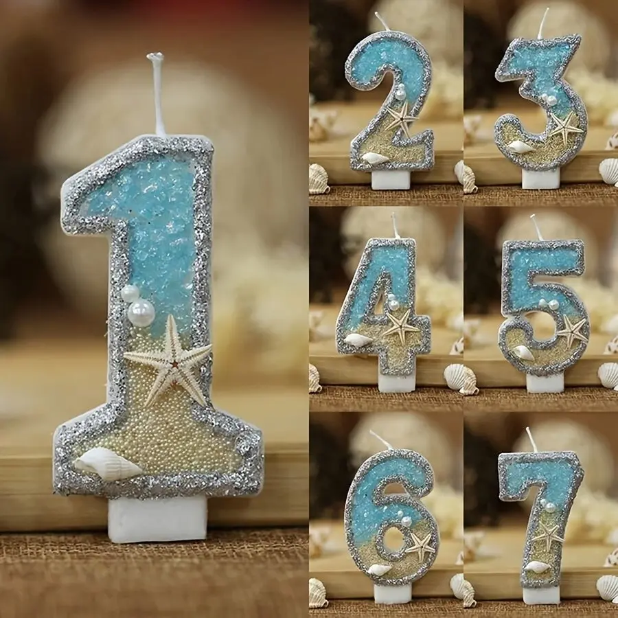 1pc Ocean Theme Number, Nautical Birthday Candles 0-9 with Starfish and Seashell Decor, Nautical Cake Topper for Beach Party Under the Sea, Glittering Cake Decorations, Party Supplies, Glittering Cake Toppers