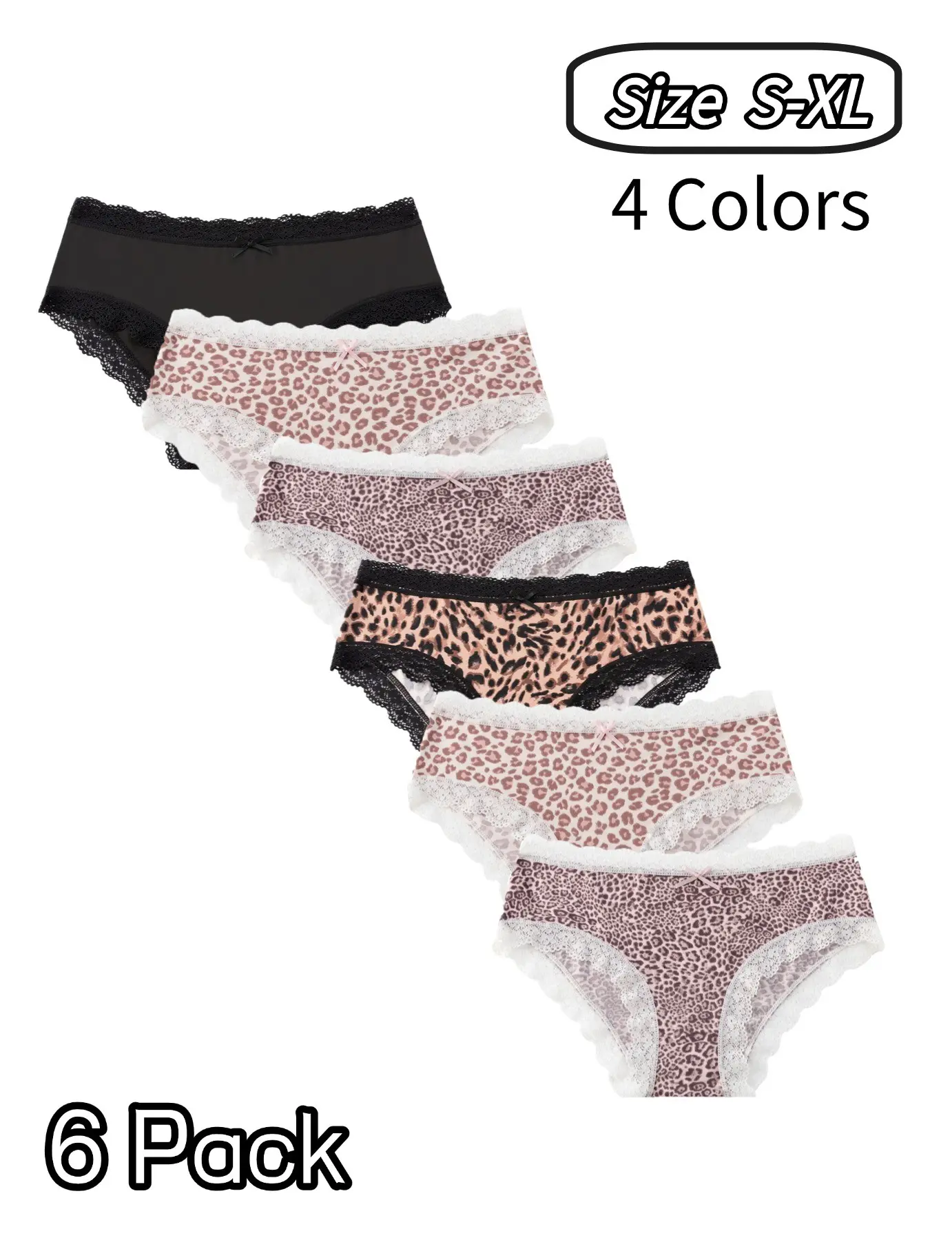 Women's Leopard Print Lace Trim Panties, Fitted Panties, Sheer Lace Panty, Cute Bow Design, Seamless Crotch Design, Soft Silk Fabric, Breathable, Casual Underwear, All Seasons, Casual Comfy Panties, 6 Pack