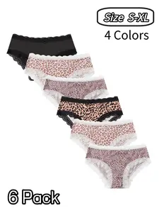 Women's Leopard Print Lace Trim Panties, Sheer Lace Panty, Cute Bow Design, Soft Silk Fabric, Breathable, Casual Underwear, All Seasons, 6 Pack