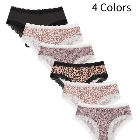 Women's Leopard Print Lace Trim Panties, Cute Bow Design, Soft Silk Fabric, Breathable, Casual Underwear, All Seasons, 6 Pack