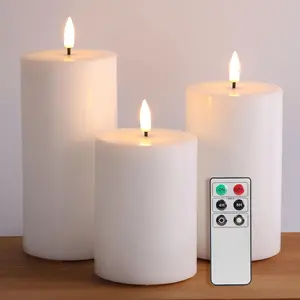 White Real Wax Flameless Pillar Candles with Remote, Flickering Flat Top LED Battery Candles Set of 3