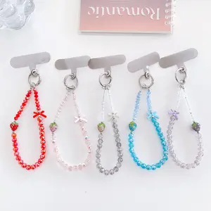 With Clip Strawberry Crystal Pendant Short Anti-lost Bling Phone Chain Beaded Jewelry Pearl Mobile Phone Lanyard Phone Charms