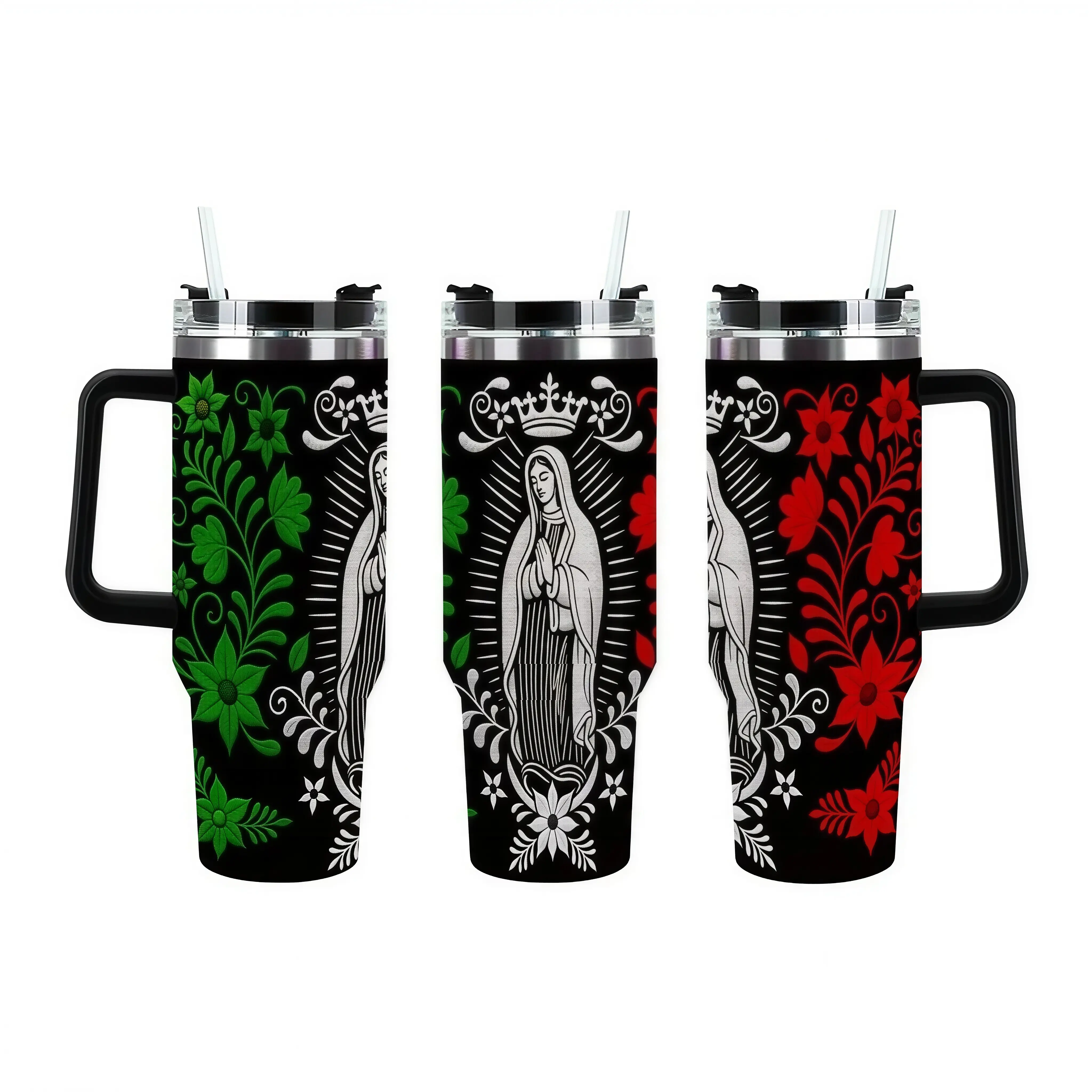 Catholic Faith Guadalupe Floral Tumbler 40oz Insulated Stainless Steel Travel Mug with Handle Religious Gift for Devout Believers Coffee Drinkware