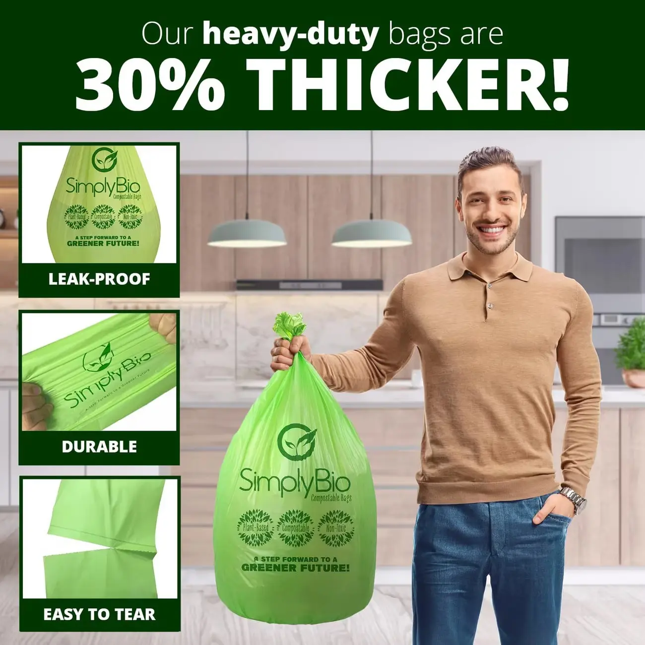Simply Bio Biodegradable Trash Bag Code Q (50 count), Heavy Duty Tall Trash Bag compatible with Simplehuman Code Q,13-17 Gallons, ATSM 6954, D2W, 1.2mil / 30 micron Thickness