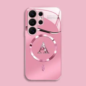 Suitable for [Galaxy S26 Ultra] high-end MagSafe phone case，Luxury Pink Metallic Magnetic Case Cute Bling Rhinestone Initial Letter  Aesthetic Shockproof Wireless Charging Cover 952