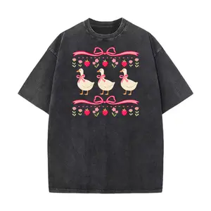 Cute Duck Design Women's T-Shirt With Strawberry And Flower Pattern Spring Summer Casual Wear Perfect Gift For Her Friends Or Family