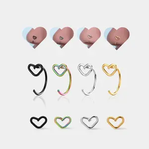OUFER BODY JEWELRY 20G 4-Piece Heart C-Shape Stainless Steel Nose Rings Set - Heart Jewelry, Durable, Elegant Daily Wear Nose Rings & Lobe Earrings, Gifts For Women, Accessories For Women