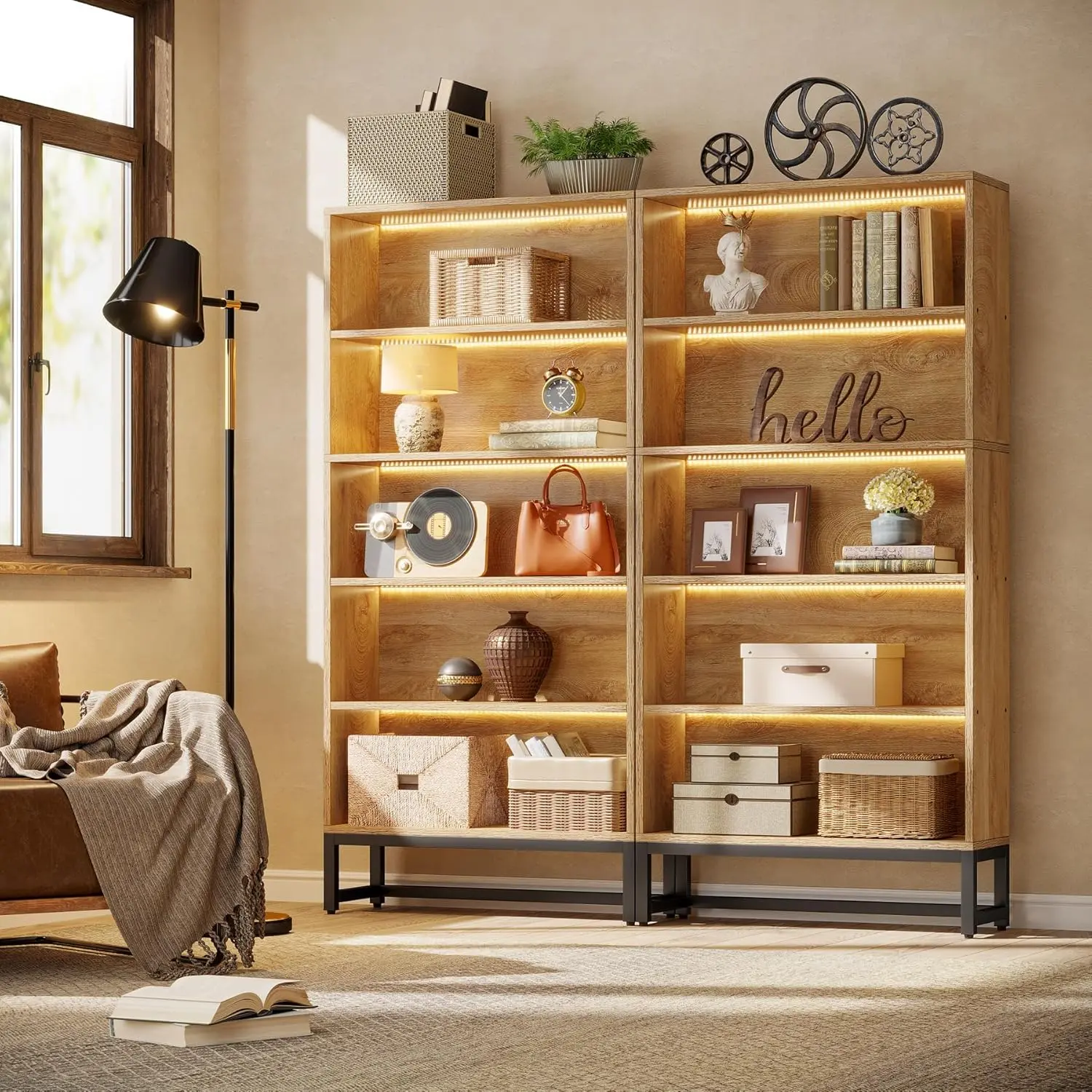 LITTLE TREE Tall Bookcase and Bookshelf, 70.8" Large Bookcases Organizer with LED Lights, Heavy Duty Free-Standing Library Bookshelf with 5-Tier Storage Shelves for Living Room, Bedroom Bookcase
