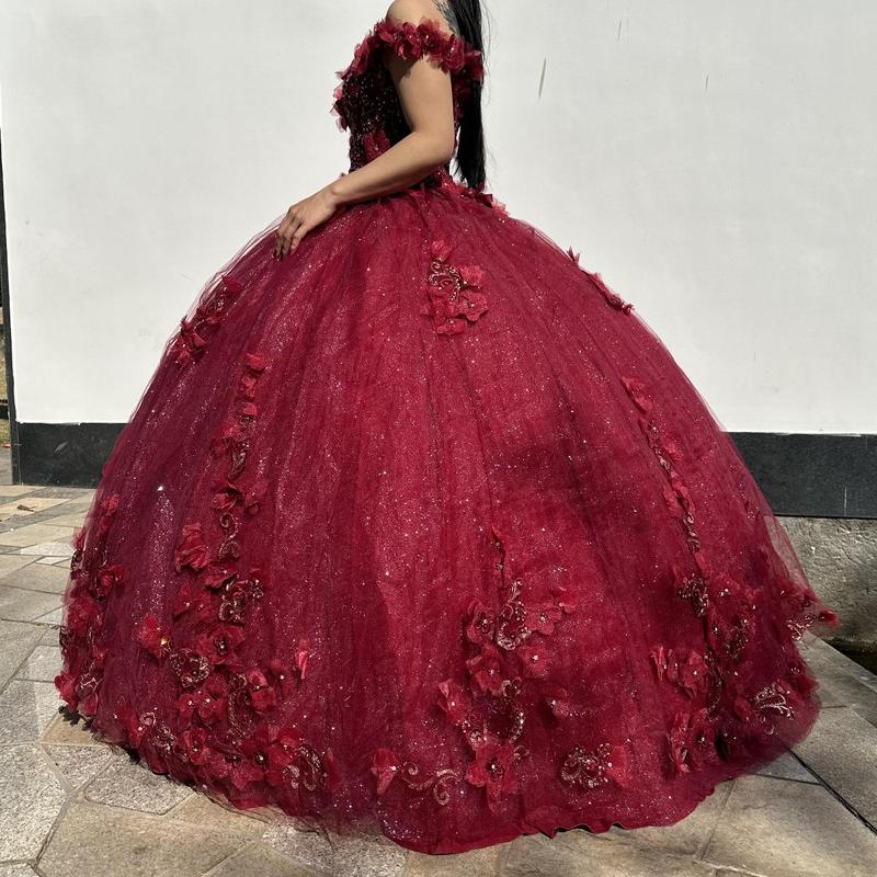 NO.34 Flowers and Metallic Lace Sparkle Tulle Quinceañera Dress schiaparelli  wedding dress white charro  dress club cocktail plus  size mini tube plain mature blue dress quince Sequins Off-Neck sequin dress Womenswear Formal party maxi