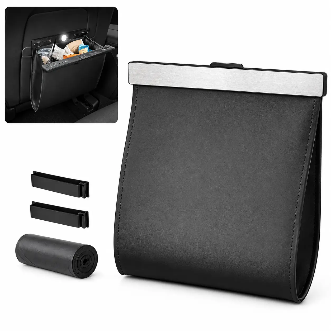 Leather Car Trash Can with Smart LED & Magnetic Closure, Foldable Leak-Resistant Auto Garbage Bin with 30 Bags, Universal for Sedans, SUVs and Trucks