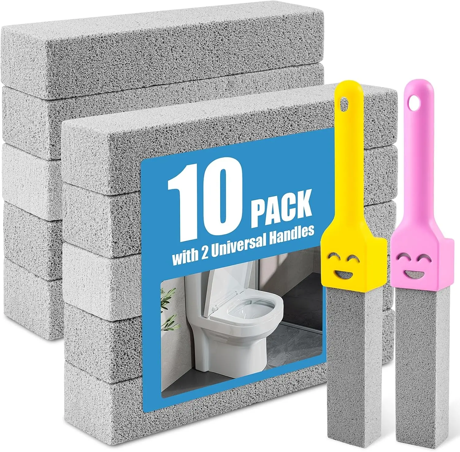 Household Pumice Stone 10-Pack with 2 Handles, Reusable Scouring Cleaner for Toilet Bowl Ring Removal, Bathtub, Grill - Home Bathroom Supplies