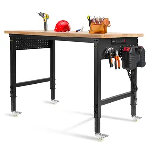 MUWOOD 48"x24" Sturdy Adjustable Workbench with Wheels - Steel & Wood, 28"-40" Height, 2000 LBS Load Capacity, Pre-Drilled Holes, ETL Certified Power Outlet, Adjustable Desk/Office Desk for Garage Workshop