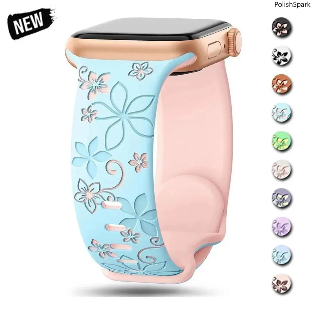 Engraved Floral Silicone Band Compatible with Apple Watch Series 9 8 7 6 5 SE Ultra 2 – 38mm 40mm 41mm 42mm 44mm 45mm 49mm | Soft Dual-Color Laser Etched Sports Wristband for Women Girls,summerwins