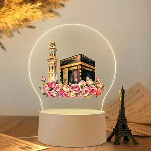 Islamic Architecture Night Light, Mecca Mosque Design with Rose Trim, USB Powered LED Home Decoration Lamp, Warm Atmosphere for Bedroom Office Ramadan Decor