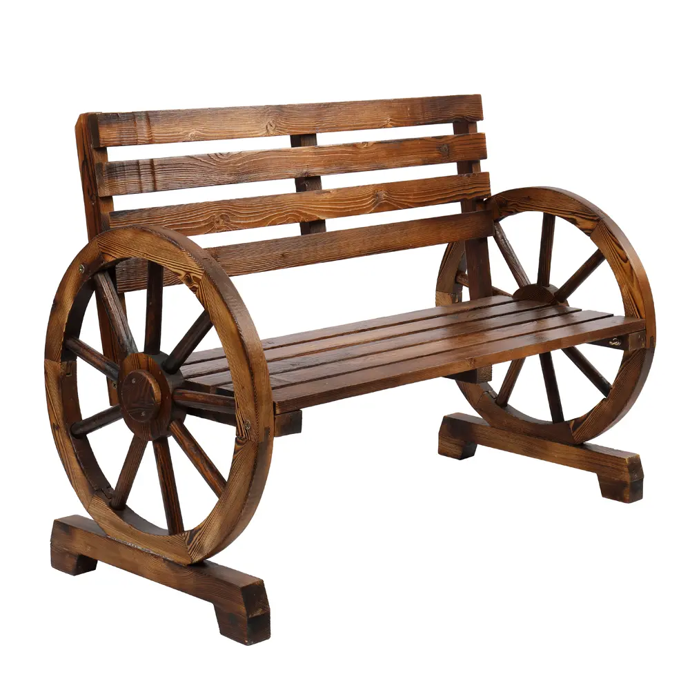 Rustic 2-Person Wooden Wagon Wheel Bench, Solid Fir Wood Garden Seat with Slatted Back and Armrests for Patio, Lawn, Backyard, Brown
