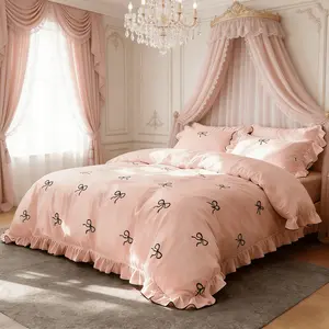 Bow Vintage Ruffle Bedding Set, 3 Piece Includes Duvet Cover + 2 Pillowcases, No Insert Soft Comfortable Sleep, Bedroom Decor, Pleated Bedding Sets, Valentine's Gift