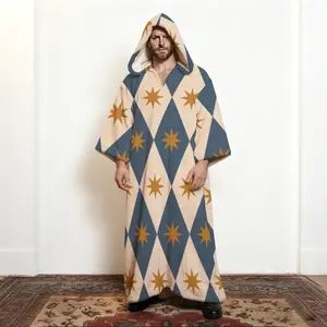 Men's Hooded Loose Fit Flannel Caftan Robe with Sun Plaid Print - Soft Brushed Cotton Long Sleeve Kimono Style Lounge Robe with Pockets, Bright Tarten Check Pattern for Home, Vacation, Resort Wear