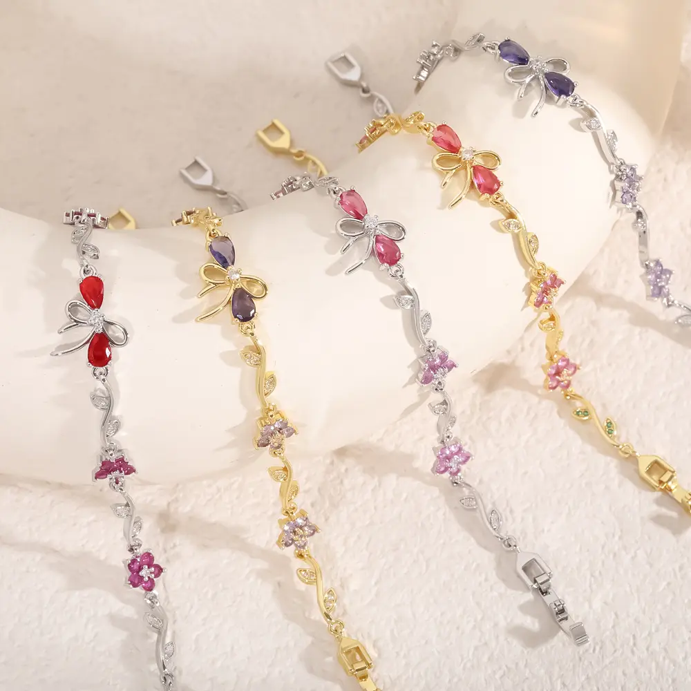 Bowknot bracelet, gold bracelet, sweet style diamond-encrusted bracelet, colorful diamond women's bracelet, women's jewelry, couple's gift