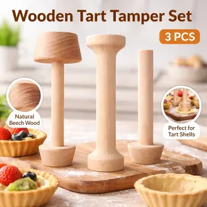 Wooden Tart Tamper Set 3 Pieces – Double Side Pie Pastry Dough Tamper, Egg Tart Pan Mold for Mini Egg Tarts, Cheesecakes, Pasta, Dessert Baking Tool