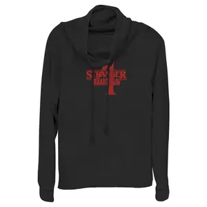 Juniors Womens Stranger Things Red Logo 4 Cowl Neck Sweatshirt