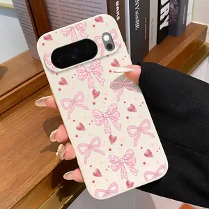 Rounded Edge TPU Phone Case for Google Pixel 10 9 8 7 Pro A XL Bow Heart Delight Pattern Drop Protection Shockproof Soft Liquid Silicone Smartphone Cover