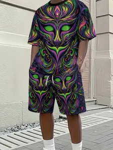 Men's 3D Digital Printed Two-Piece Set with Neon Fantasy Totem Pattern, 2Pcs, Trendy Fashion Outfit, Retro Casual Two-Piece Suit, Vacation-Style Trendy Wear, Breathable Sports Casual Style, an Ideal Holiday Gift for Men