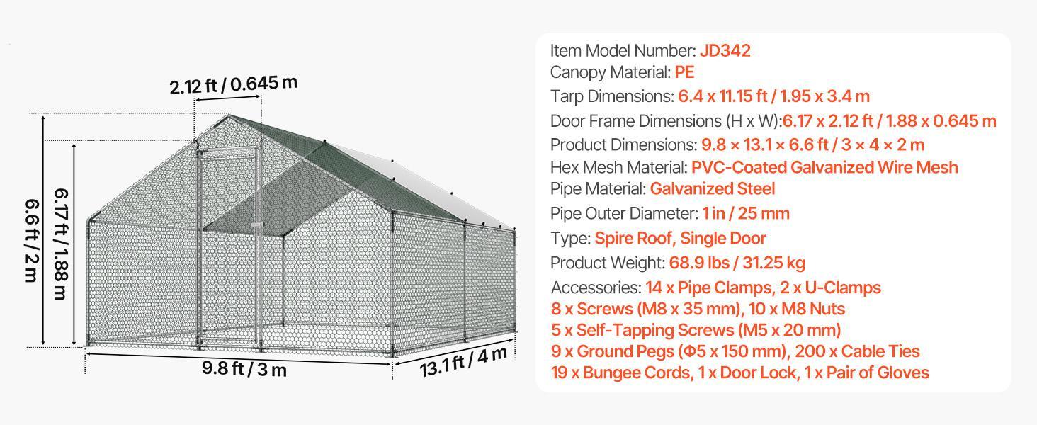 VEVOR Large Metal Chicken Coop, 9.8 x 13.1 x 6.6 ft, Walk-in Chicken Runs with Waterproof Cover, Spire Roof Hen House Enclosure with Lock, Outdoor Duck Rabbit Cage Poultry Pen for Backyard, Farm, Yard VEVOR Large Metal Chicken Coop, 9.8 x 13.1 x 6.6 ft, Walk-in Chicken Runs with Waterproof Cover, Spire Roof Hen House Enclosure with Lock, Outdoor Duck Rabbit Cage Poultry Pen for Backyard, Farm, Yard