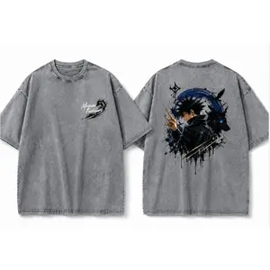Men's Short-Sleeve Washed Oversized Anime Graphic Cotton Tshirt, Vintage Streetwear Menswear Top for Men