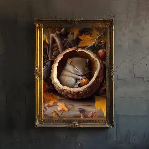 Tiny Mouse in Walnut Shell Poster – Cottagecore Dark Academia Wall Art, Enchanted Vintage Nature Illustration, Rustic Aesthetic Decor, Unframe