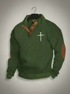 New men's knitted polo neck pullover with cross print, autumn and winter regular casual comfortable warm sports hoodie, vintage knitted sweater, mens hoodie.