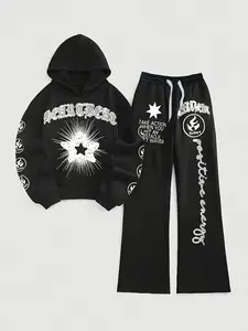 Trend Monogram Print Hooded Sports Hoodie Set with Star, wardrobe staple, active lifestyle, on the go, everyday wear, essential piece, must have item, trendy style, wardrobe essential, must have piece