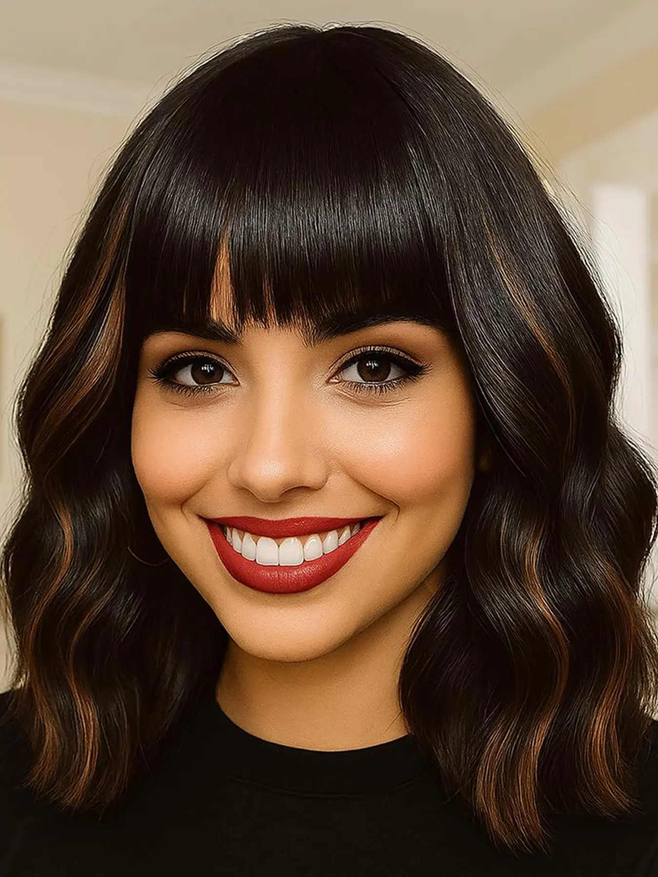 Short Bob Wavy Wig with Bangs for Women，Synthetic Wavy Hairstyle Shoulder-Length Black Mixed Brown Wigs, Glueless Daily Wear Wig for Vintage and Costume Party Use（14 Inch）
