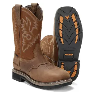 Men's Western Cowboy Boots Waterproof Square Toe Steel/Soft Toe Work Boots Men's Safety Toe Leather Work Boots