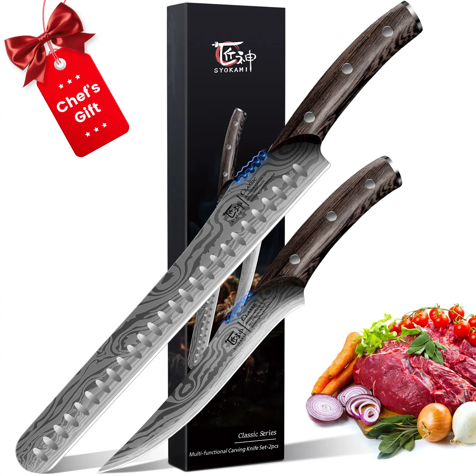 【DealsForYouDays】 SYOKAMI BBQ Carving Knives 2 Pack Set, Brisket Slicing Knife and Boning Knife for Meat Cutting, Razor Sharp Carving Tool Japanese Style High Carbon Steel Kitchen Knives, Wood Ergonomic Full Tang Handle, Mother's Day Gift