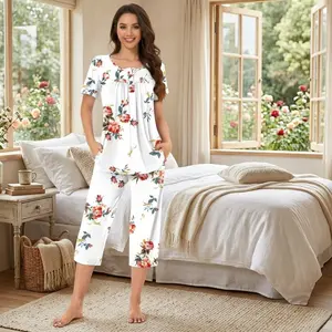 Women's 2-Piece Summer Sleepwear Pajama Set - Henley Neck Short Sleeve Top & Capri Pants with Pockets, Comfortable Breathable Fabric for Nightwear, Lounge Wear, Home Wear, Ladies Pjs Set