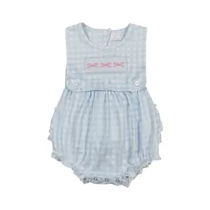 SR2203-Adorable Alert  Little Girls' Sleeveless Romper in Blue Plaid with Charming Pink Bow Prints Cute