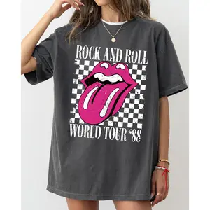 Rock And Roll World Tour, Lips and Tongue, Checkered, 80s Rock, Retro, Classic Rock Tshirt, Women's Comfort Color Tee, Tshirt