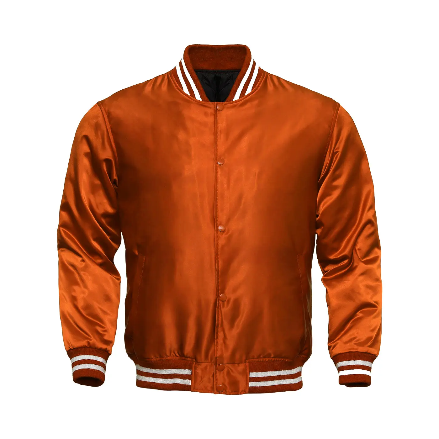 Deckra Lady's Original Elegant Fitted Cut Satin Varsity Hoodie Jacket - Orange Long Sleeve Polyester Baseball Tops for Women, Buttoned, Stripes, Pockets, Check Accent, Multi-Size Casual Wear Outerwear, Spot Clean