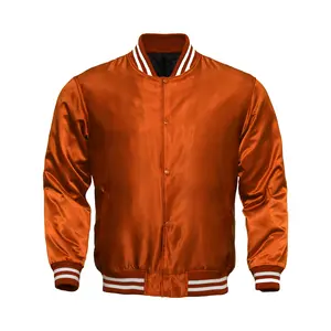 Deckra Women's Chic Satin Varsity Jacket - Orange Fitted Longsleeves Polyester Hoodie Top with Stripe, Pocket, Button, Casual Women's Clothes