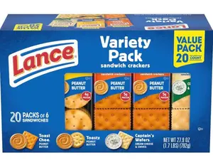 Lance Sandwich Crackers, Variety Pack, 3 Flavors, 20 Individually Wrapped Packs, 6 Sandwiches Each
