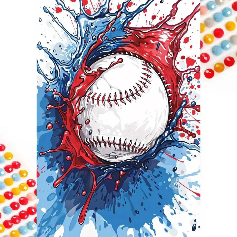 5D DIY Full Drill Round Diamond Painting - Diamond Art Painting Kit, Diamond Painting Kits, Baseball Splash Mosaic, Canvas - DIY Decorative Art, Home Wall Decor, Suitable for Halloween and Christmas, Birthdays, and Anniversary Gifts.