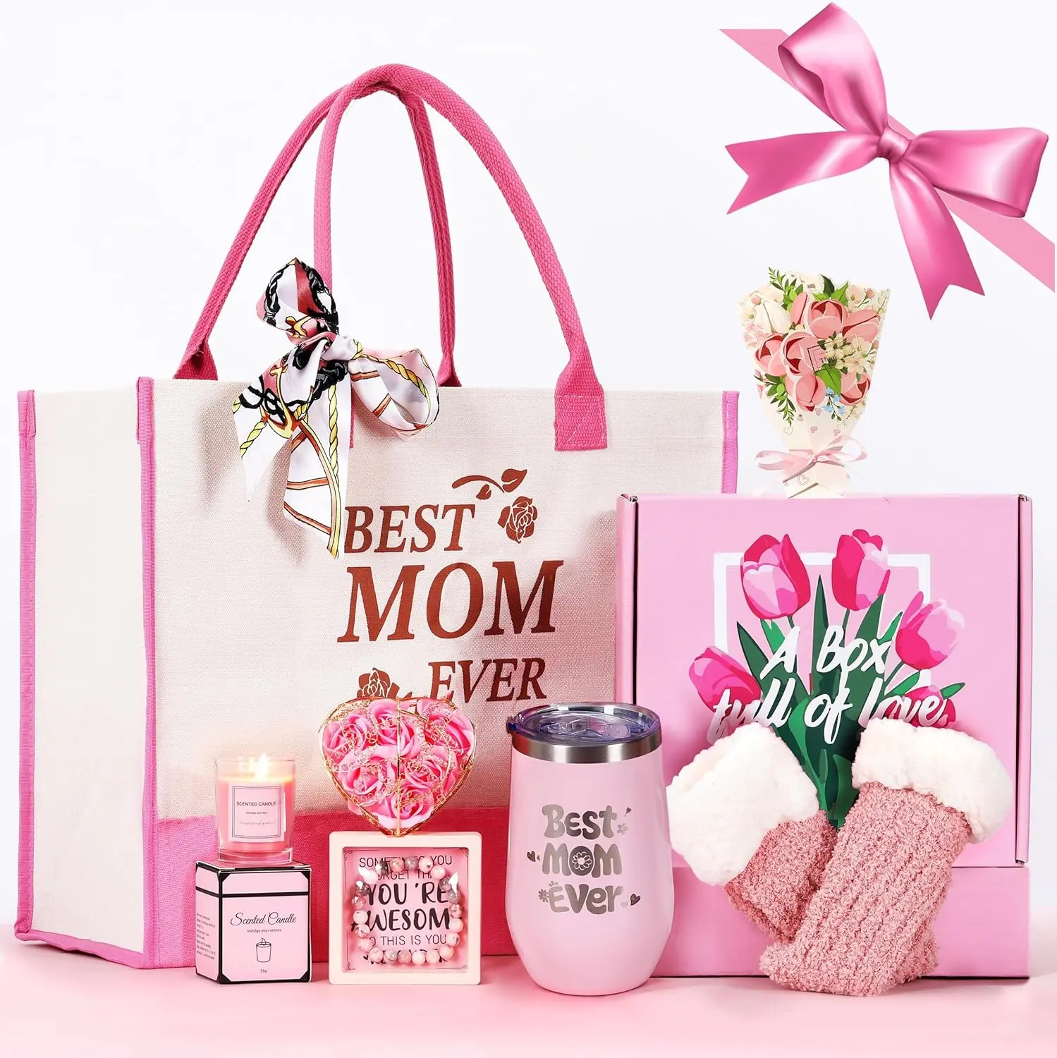 Mother's Day Gift Set – Premium Box with Tote, Tumbler, Candle, Soap Rose, Bracelet & More! Mum
