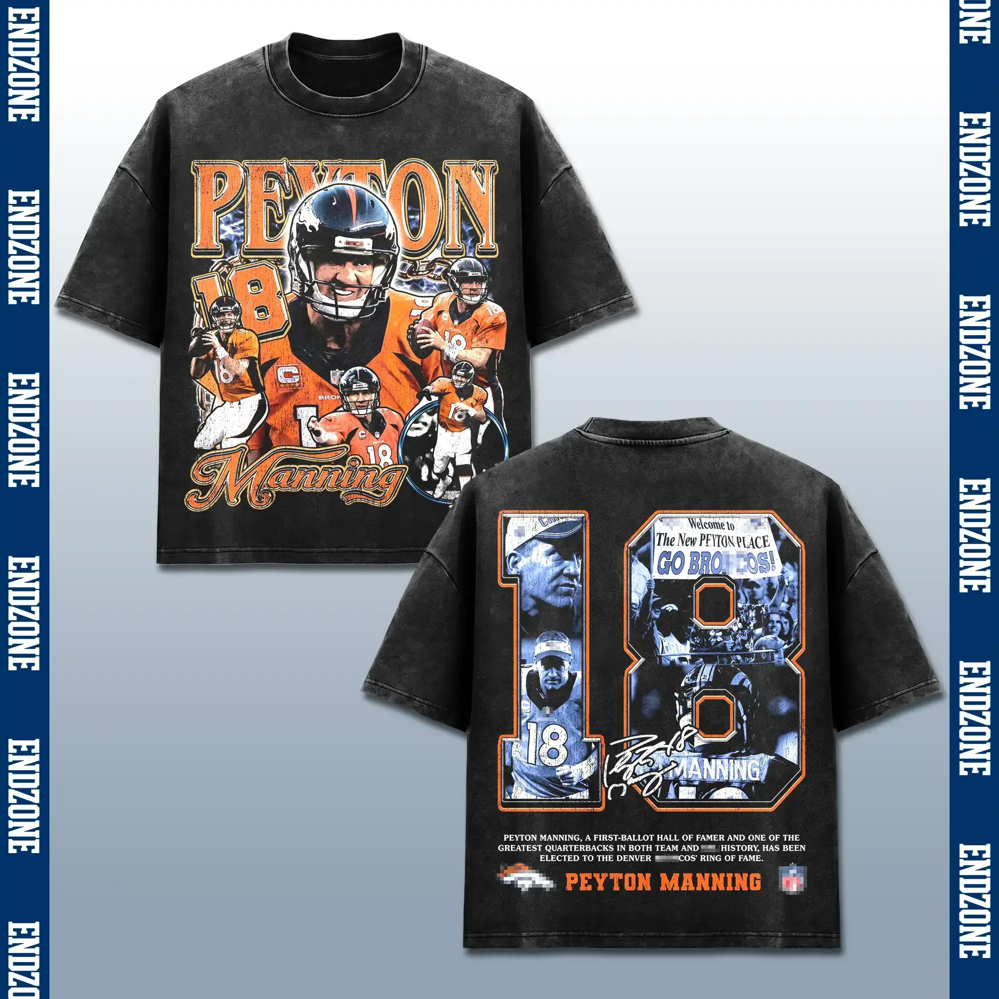 [FREE SHIP] Peyton Manning 18 T-Shirt, The Sheriff QB Graphic Tee, Mile High Football Fan Merch, Hall of Famer Legend Apparel, Retro 90s Bootleg Game Day Shirt, Pro Football Season Gift, Men Women Heavyweight Oversized Black Acid Wash Vintage Clothing