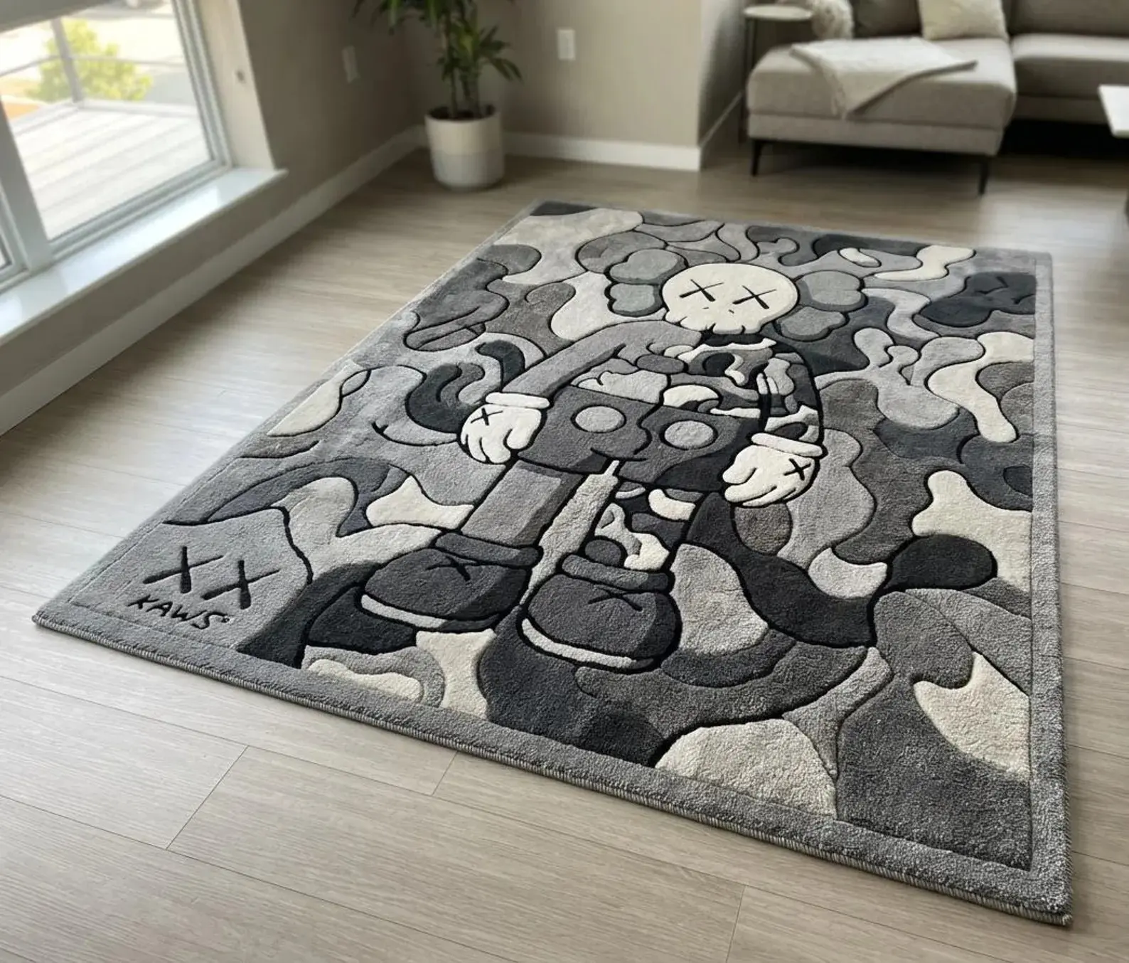 Grey KAWS Inspired Rug, Pop Art Carpet, Hypebeast Decor, High Low Pile Grey KAWS Inspired Rug, Pop Art Carpet, Hypebeast Decor, High Low Pile
